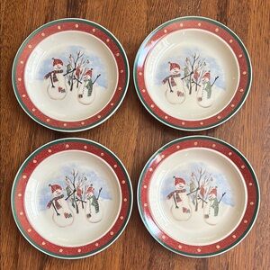 Four Red and Green Holiday Dinnerware Small Plates with Snowman Design
